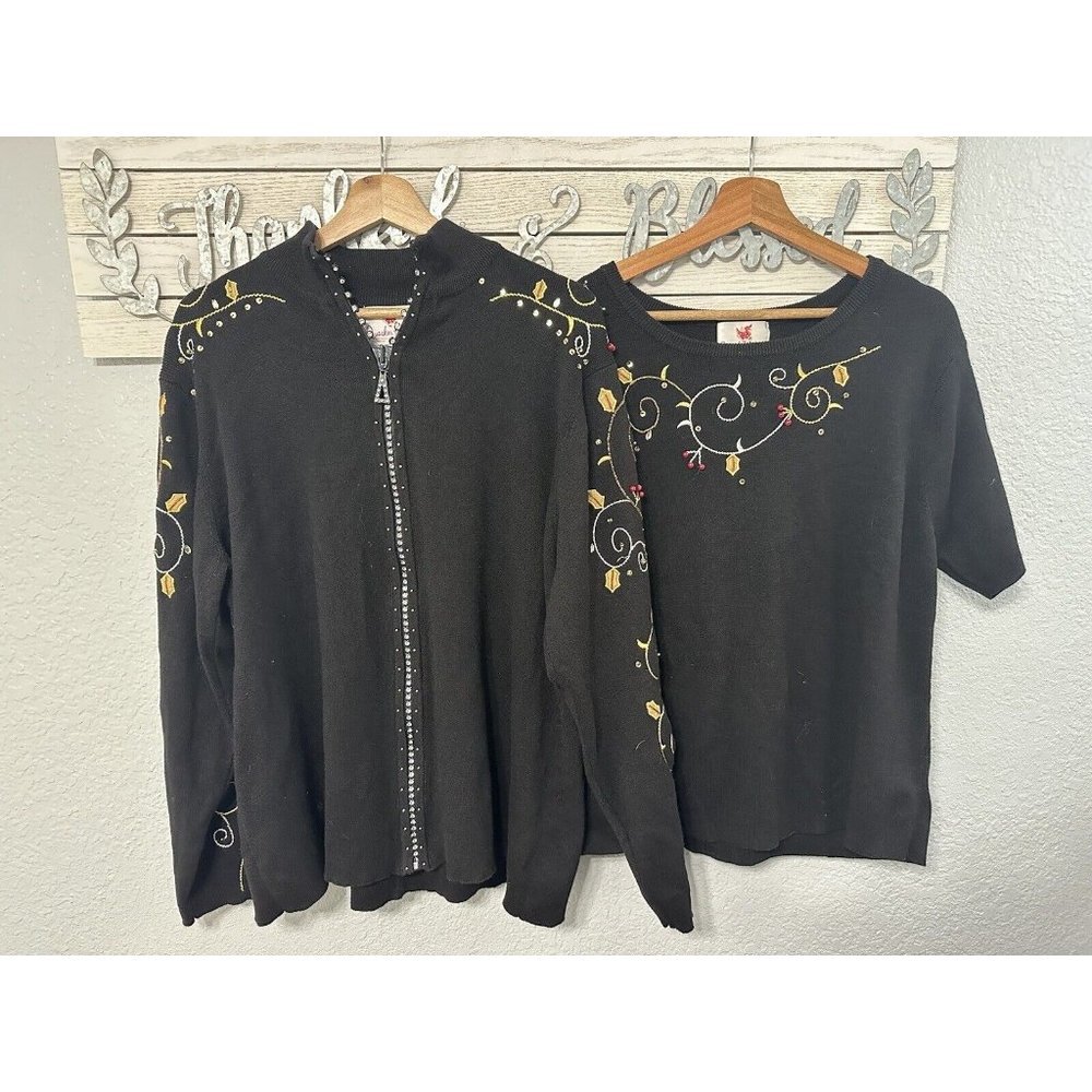 Quacker Factory Black Embellished Holly Berry Cardigan Zip Sweater Set Size XL